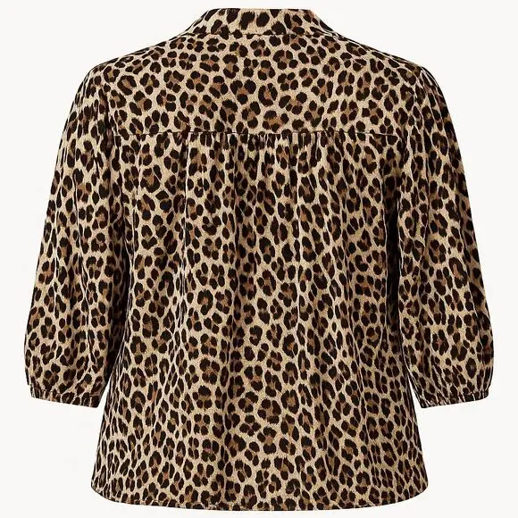 By Design Leopard Print Bow Tie Blouse 3X – Ruched Sleeves, Chic Pullover Style - Picture 3 of 5
